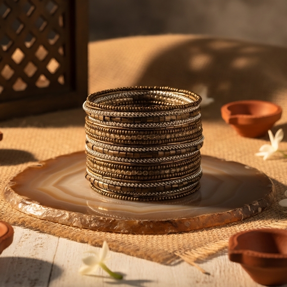 ποΈ Indian Artisanal Beaded Golden Stacked Bracelet Handmade Boho Chic Jewelry - Picture 9 of 14